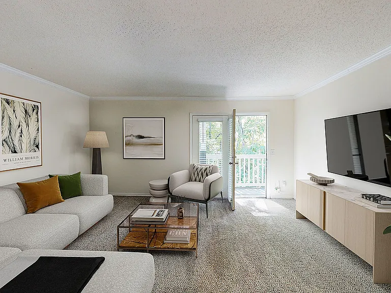 Spacious living room with carpet