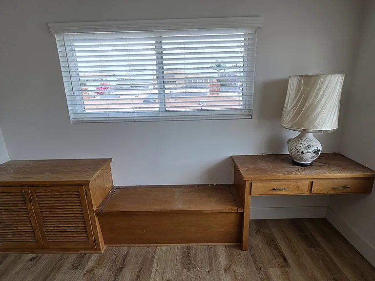 Built in desk, storage chest, and cabinet