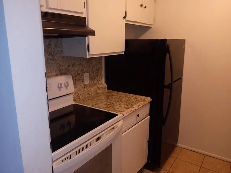 Left side of kitchen which includes stove, stove hood and refrigerator.