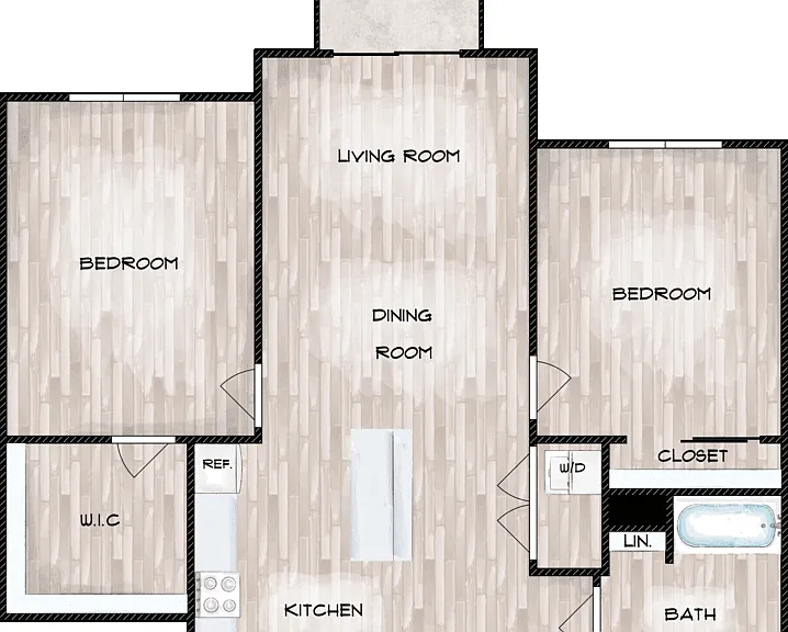 2 Bed 1 Bath A Floorplan Diagram