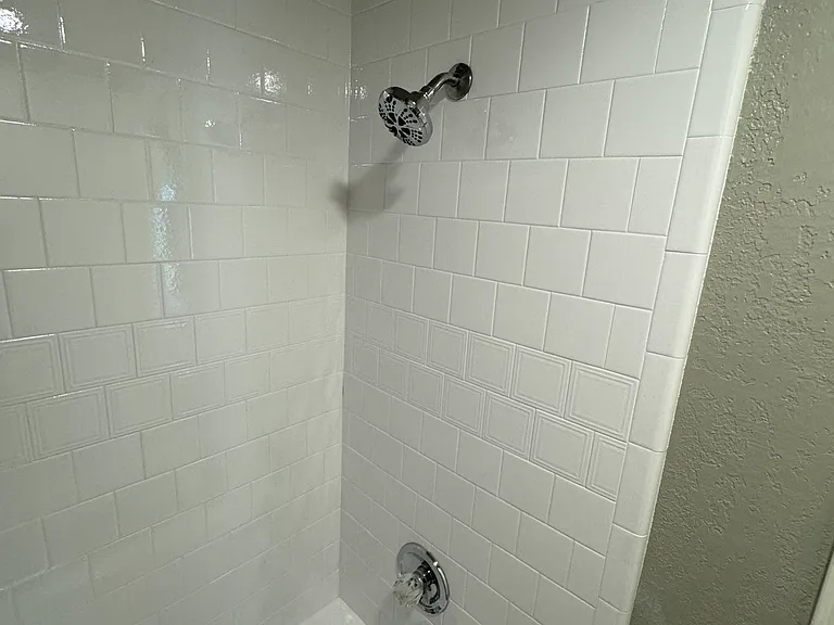 Middle bath with glazed tub and tile.