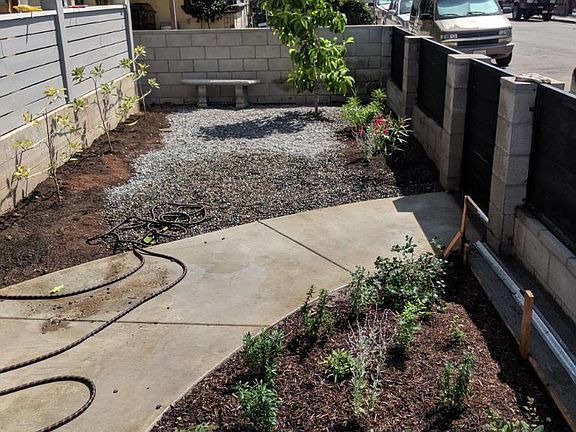 Front yard landscaped with California native, with bench to enjoy the space