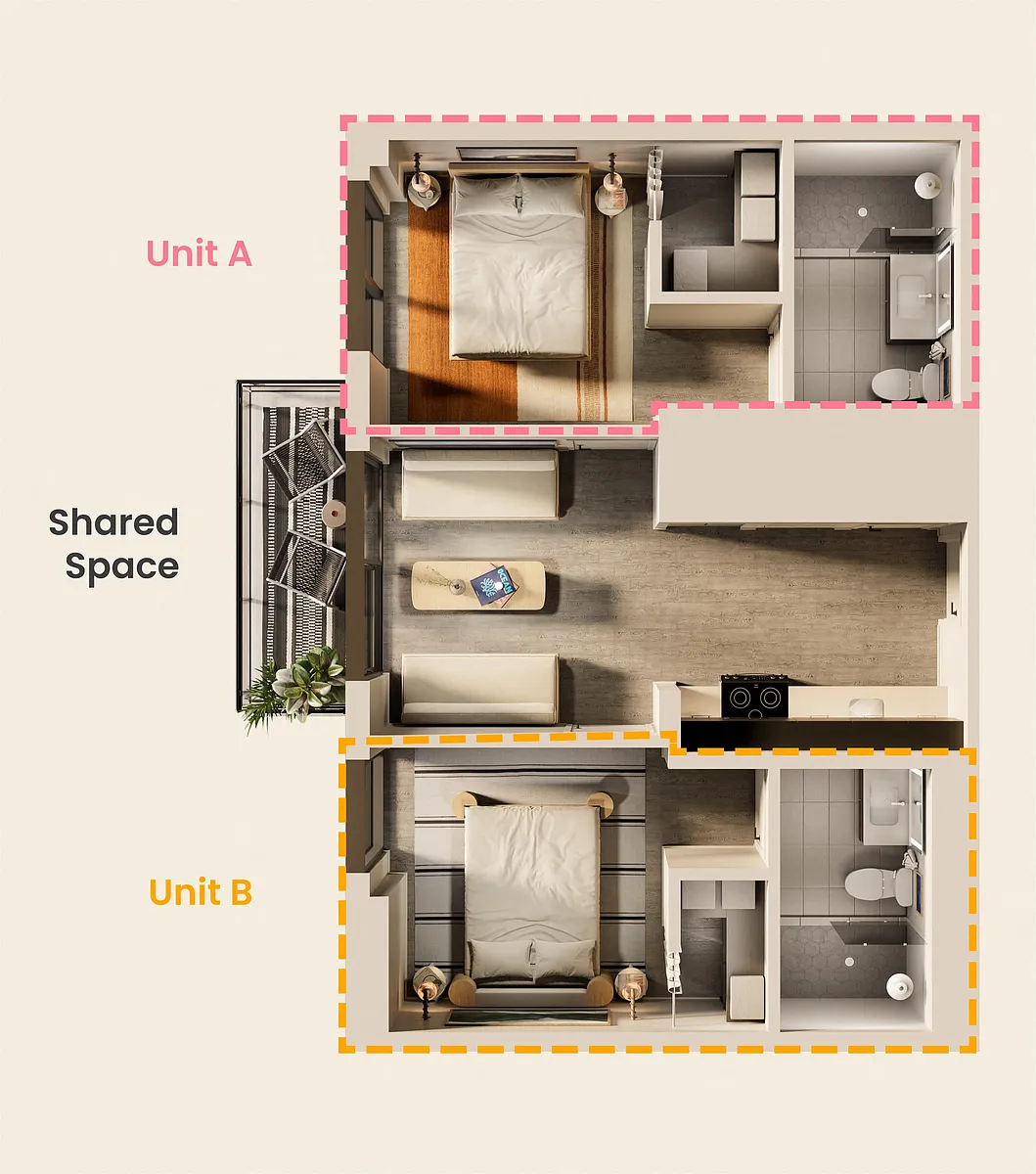 Floor plan Cortes Bank 2 - Single Bedroom, Shared Apt