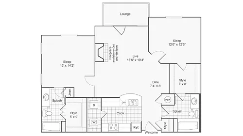 Floor plan 2 bed/2 bath-1184 sqft