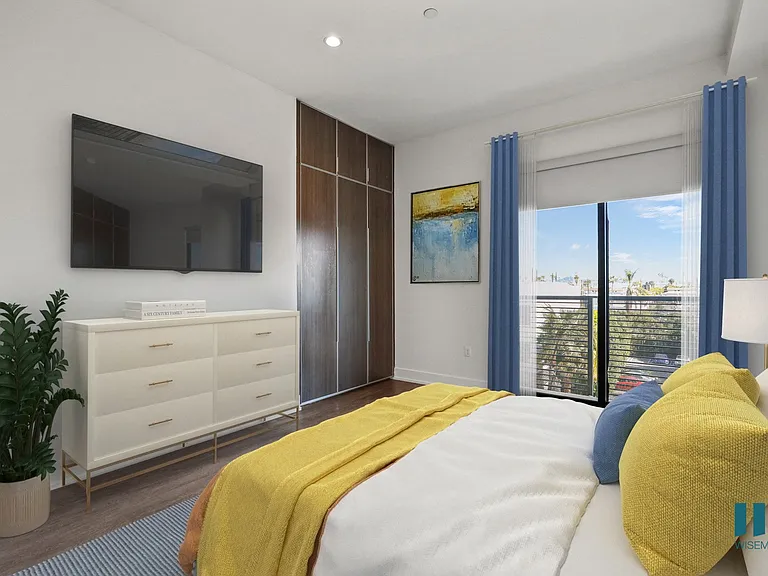 Bedroom with Built-In Cabinets, Vinyl Flooring, and Balcony