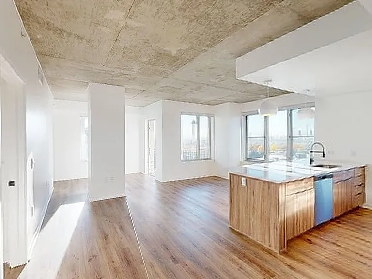 Apartment kitchen with stainless steel appliances, dining and living room with wood-style flooring.