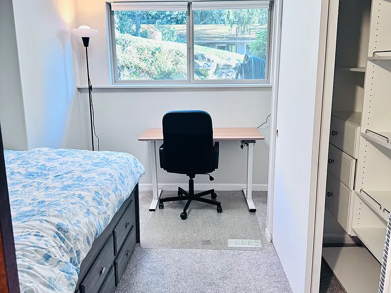 bedroom 5 / office space overlooking the front yard: twin bed and large closet