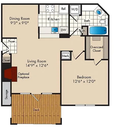 Floor plan 1 Bedroom/1 Bath - 735 square feet