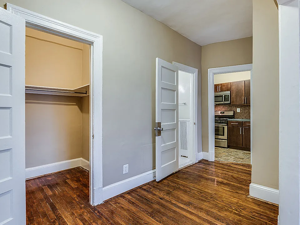 Two-bedroom apartment living to kitchen area