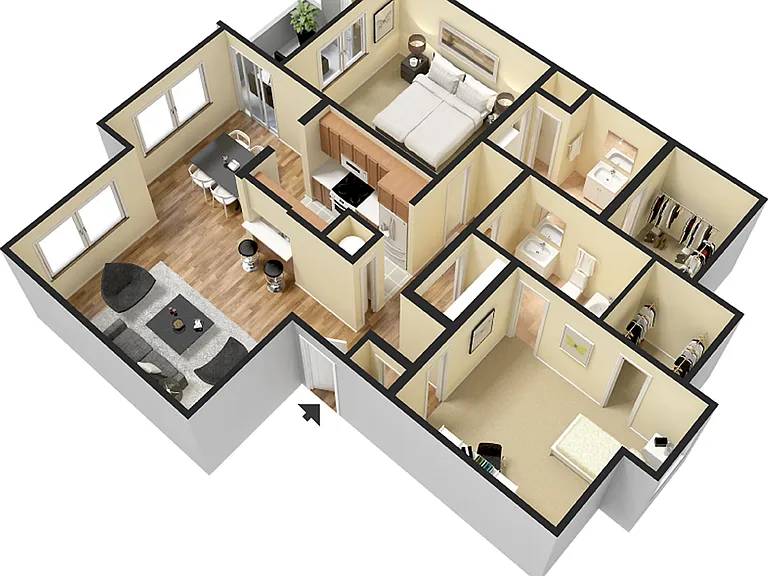 Modern 3D floor plan showcasing a stylish apartment with two spacious bedrooms, a sleek kitchen, inviting living room, and two bathrooms. Perfect for contemporary living. Modern 3D floor plan showcasing a stylish apartment with two spacious bedrooms, a sl