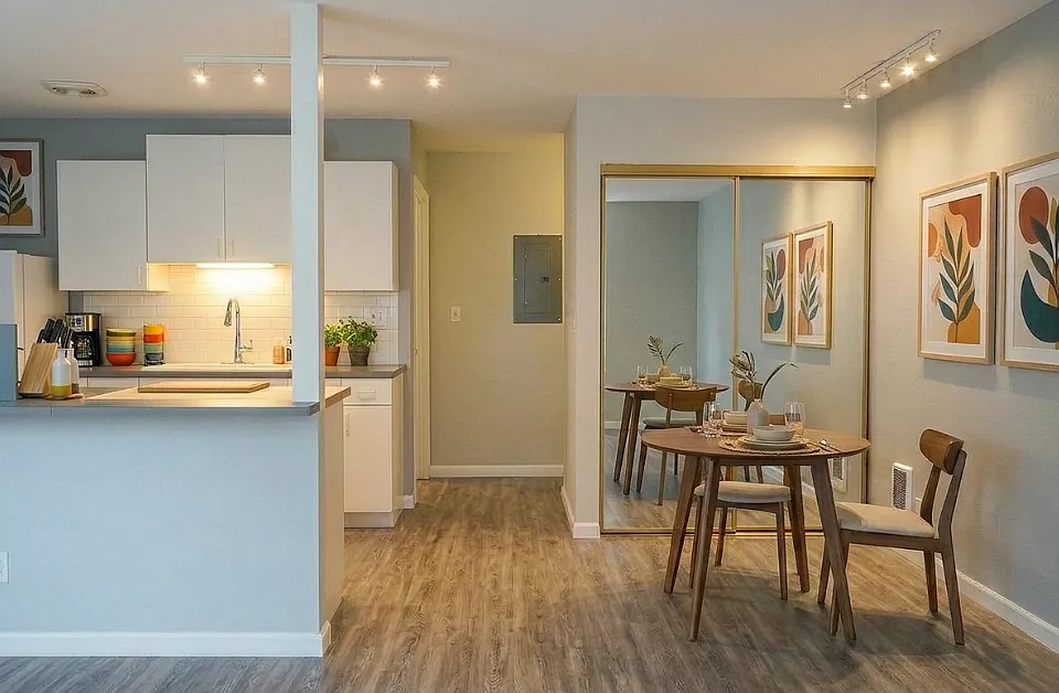 Kitchen with bar and room for dinner with friends.