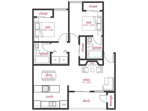 Floor plan 2 Bed, 2 Bath B