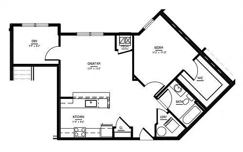 Floor plan 1 Bed/1 Bath Den-H1 Phase III