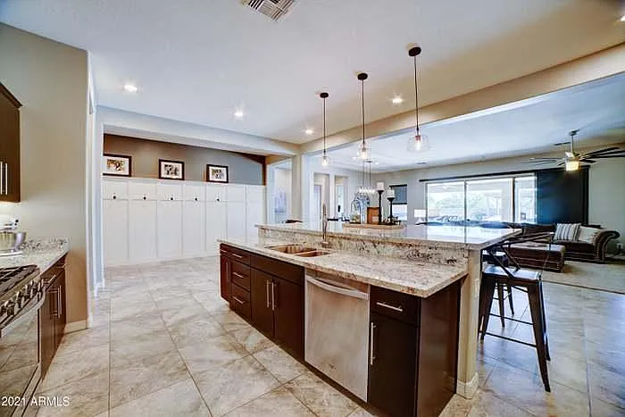 super quiet dishwasher, gas range and two ovens (one gas/one electric) fridge and built in microwave
