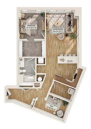 Floor plan 1 Bed/1 Bath Den-A6D