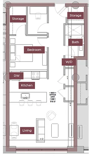 Floor plan 1BR + Office/Den Floor Plan P | Lofts South