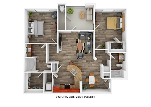 Floor plan Victoria - Two Bedroom/Two Bath 1,143 Sq Ft