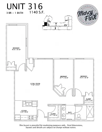 Floor plan 3 Bedrooms 1 Bath (316)