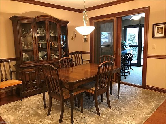 Formal dining room with hardwood floors, crown molding and wainescoating