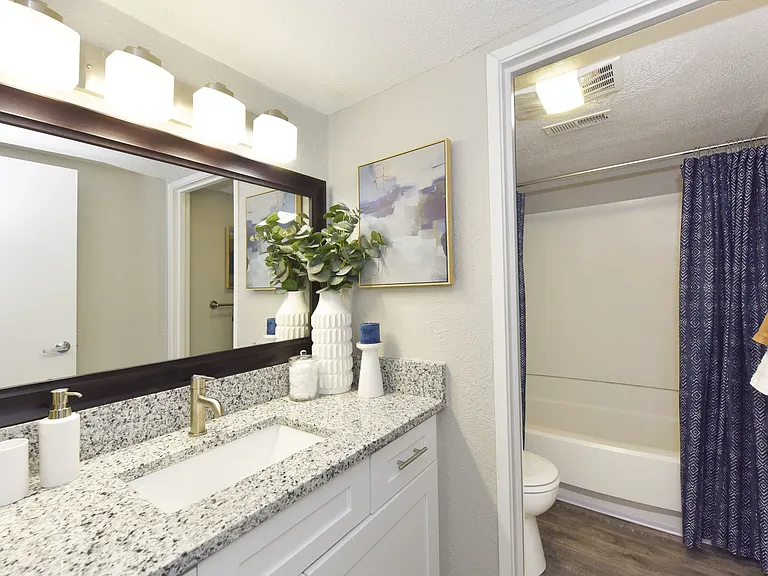 Spacious Bathroom + Granite Coutners