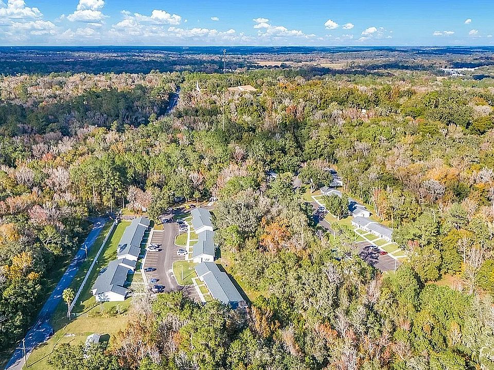 Scenic aerial view of a peaceful residential community nestled in lush greenery, offering tranquil living surrounded by nature.
