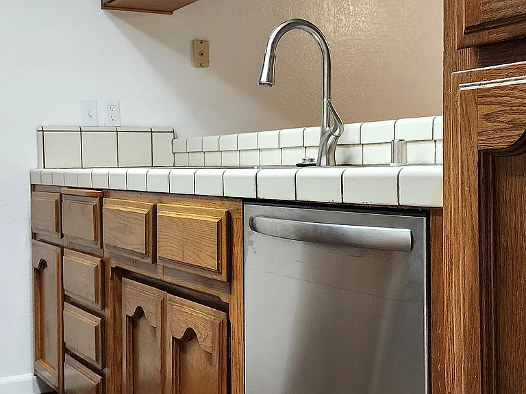 Kitchen Counter, Cabinets, and Stainless Dishwasher