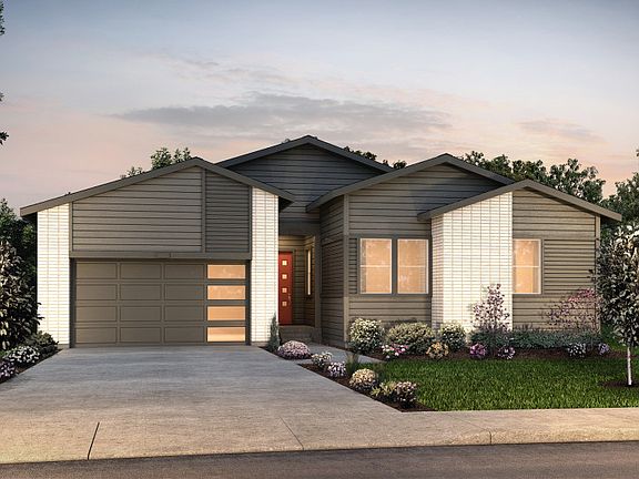 Single-story Easton plan shown in Elevation B with a three-car garage and a modern design.