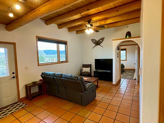 Entry and living room with elevated ceilings
