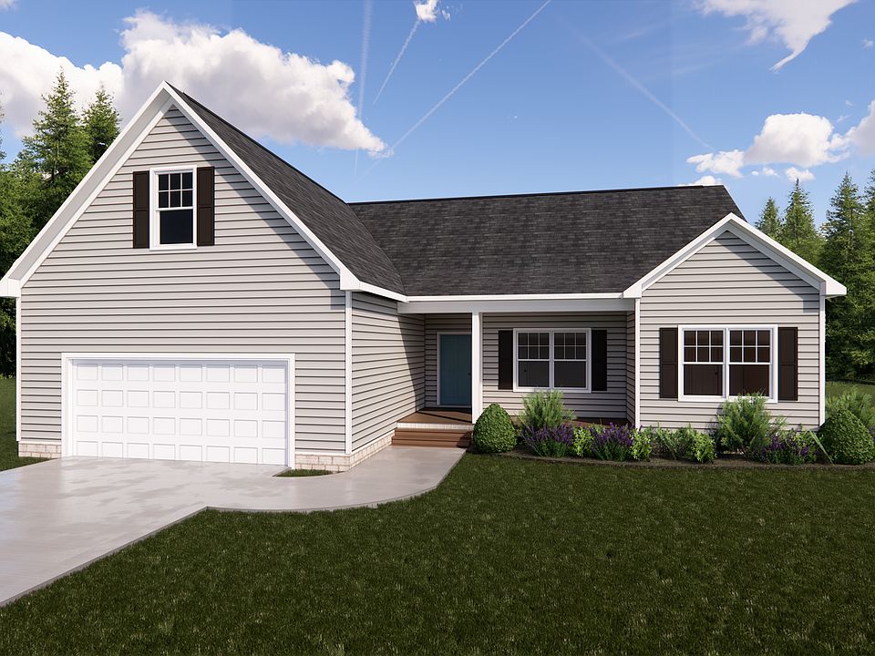 The charming single-story gray house in Poplar Village features a white garage, dark roof, and beaut