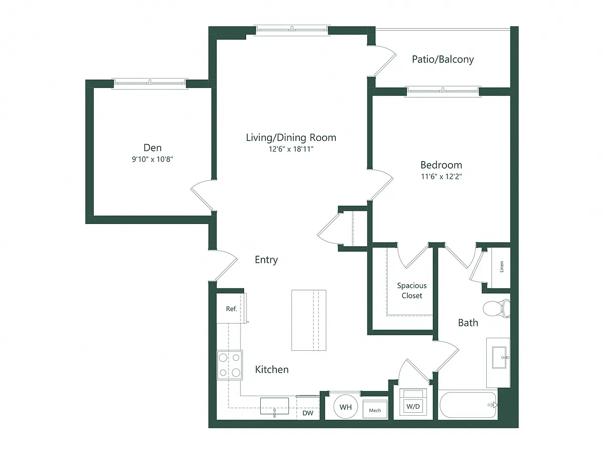 Floor plan 1C+D | 1 Bed | 1 Bath | Den