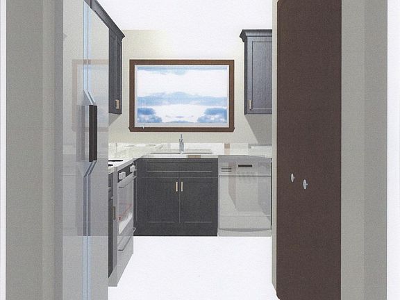 New kitchen layout with all new cabinets, quartz countertops, new appliances and plank flooring