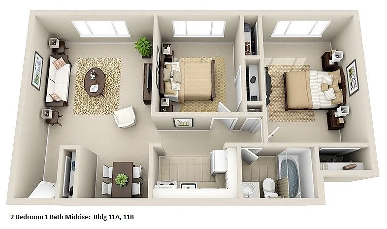 Floor plan Mid-Rise 2 Bedroom, 1 Bath