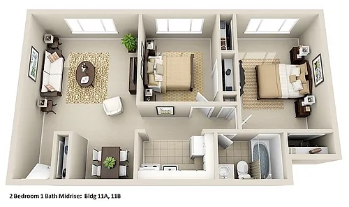 Floor plan Mid-Rise 2 Bedroom, 1 Bath