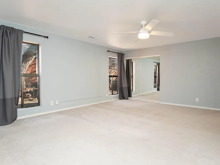 Massive main bedroom (walls are actually blueish gray). Mirrored storage closet in the corner.