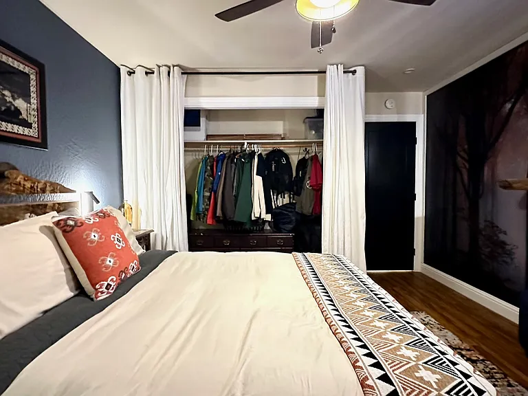 Closet is cleaned out of all personal items. Shelves, hangers and dresser remain for use of renter.