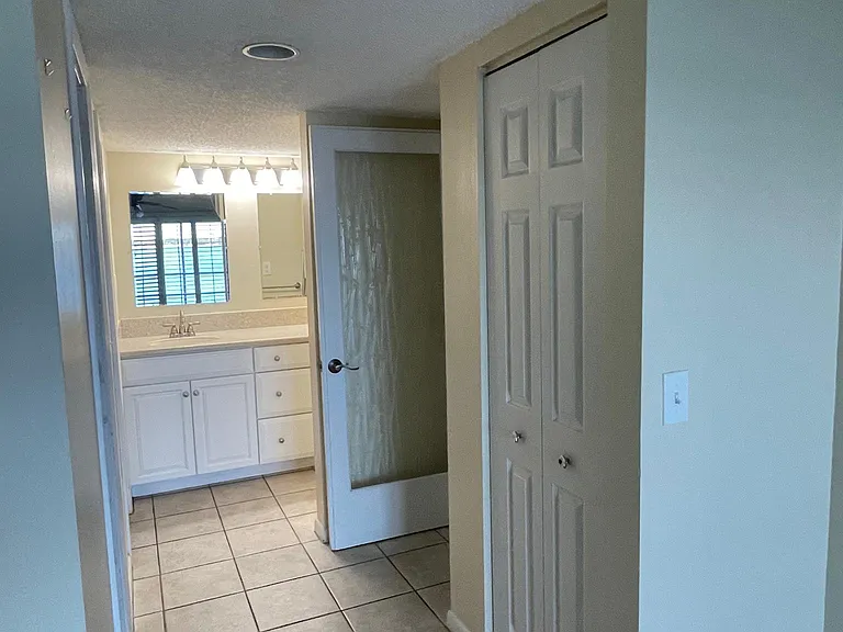 Master Bathroom vanity and sink. Walk in closet to left and smaller closet is seen on the right.