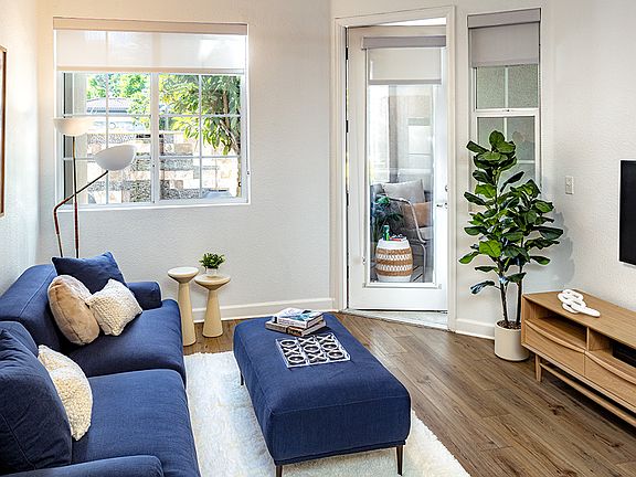 Apartment living room with wood-style flooring.