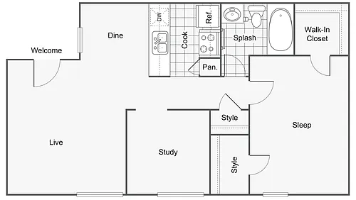 Floor plan 1 Bed 1 Bath C