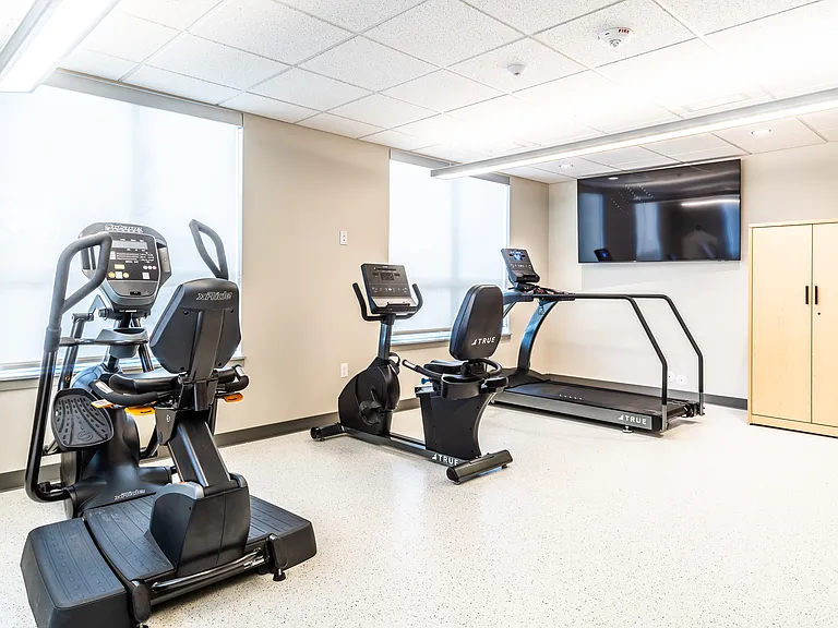 Fitness Room with treadmill, recumbent bike and stair stepper, cable and free weights, thick exercise mats, and TV.