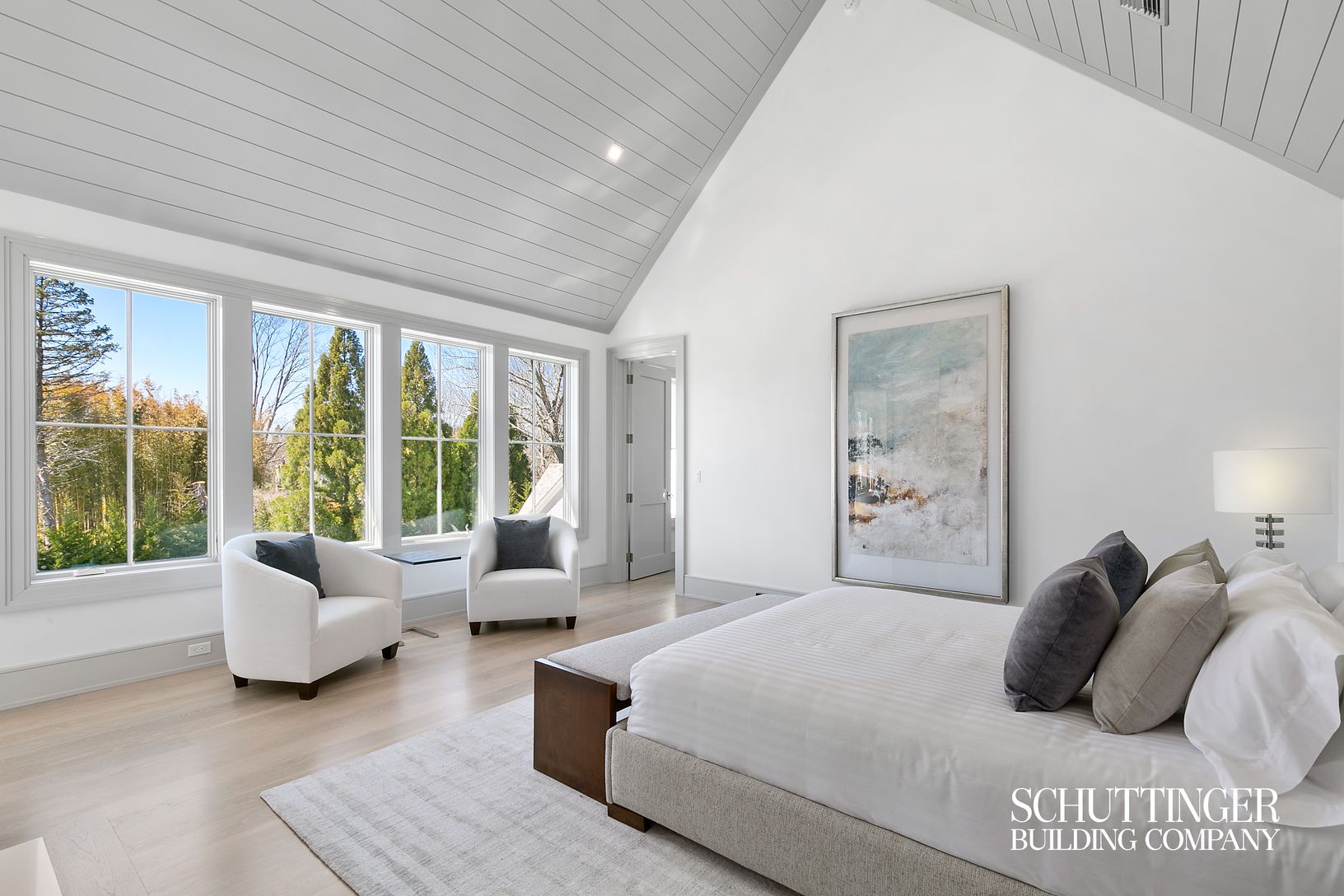  2nd Floor Master Bedroom with 2 Walk-in Closets, Cathedral High Gloss Shiplap Ceiling, and Deck