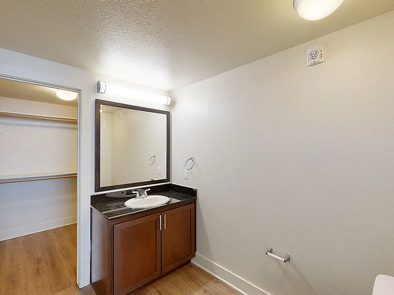 Apartment bathroom with wood-style flooring.