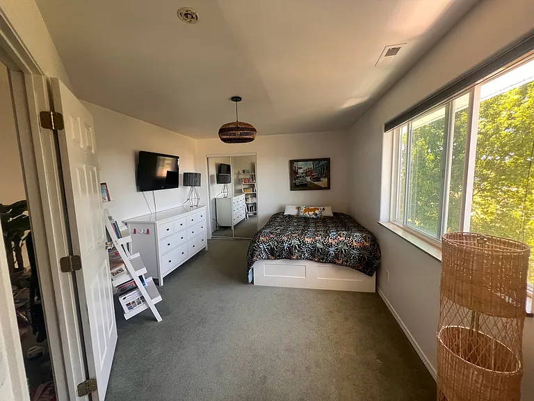 Bedroom 3 with queen bed (storage drawers underneath), dresser, bookshelf, closet and smart TV
