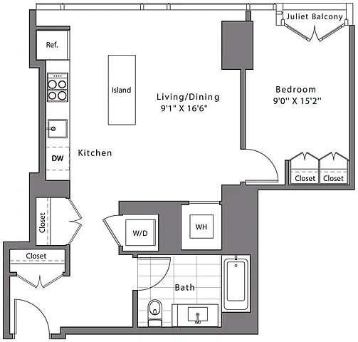 Floor plan 1 Bed - 1 Bath | A04