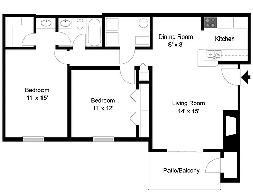 Floor plan 2 Bedroom 1 Bath with Vanity