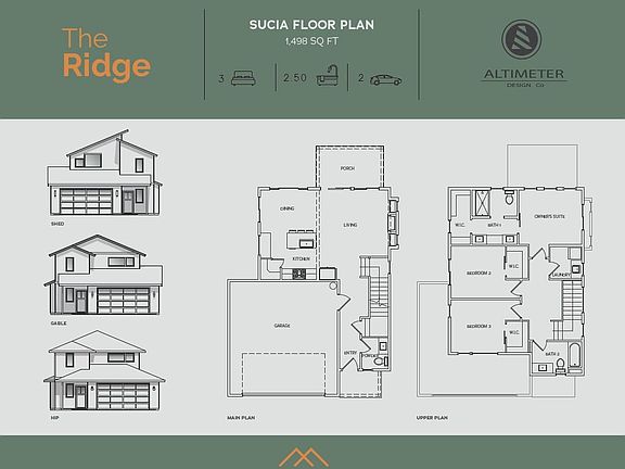 "Suscia" floor plan with three bedrooms, 2.5 baths, and two car garage.