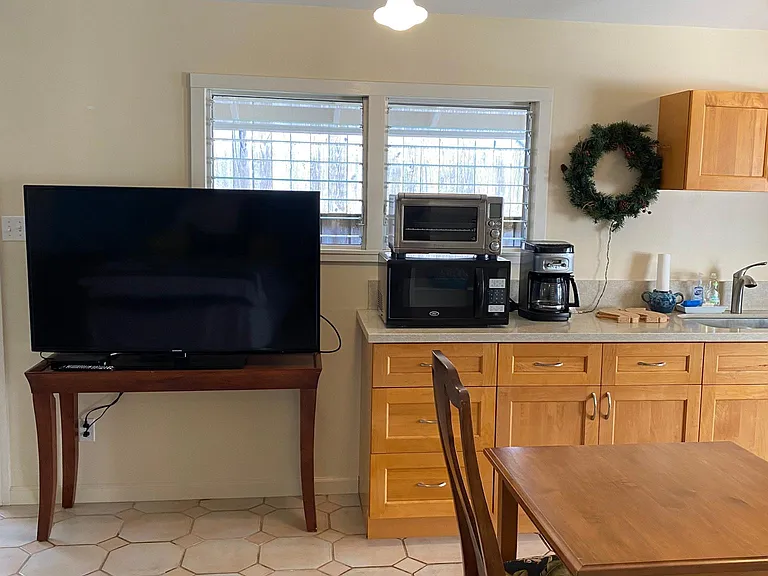 TV and kitchenette area.