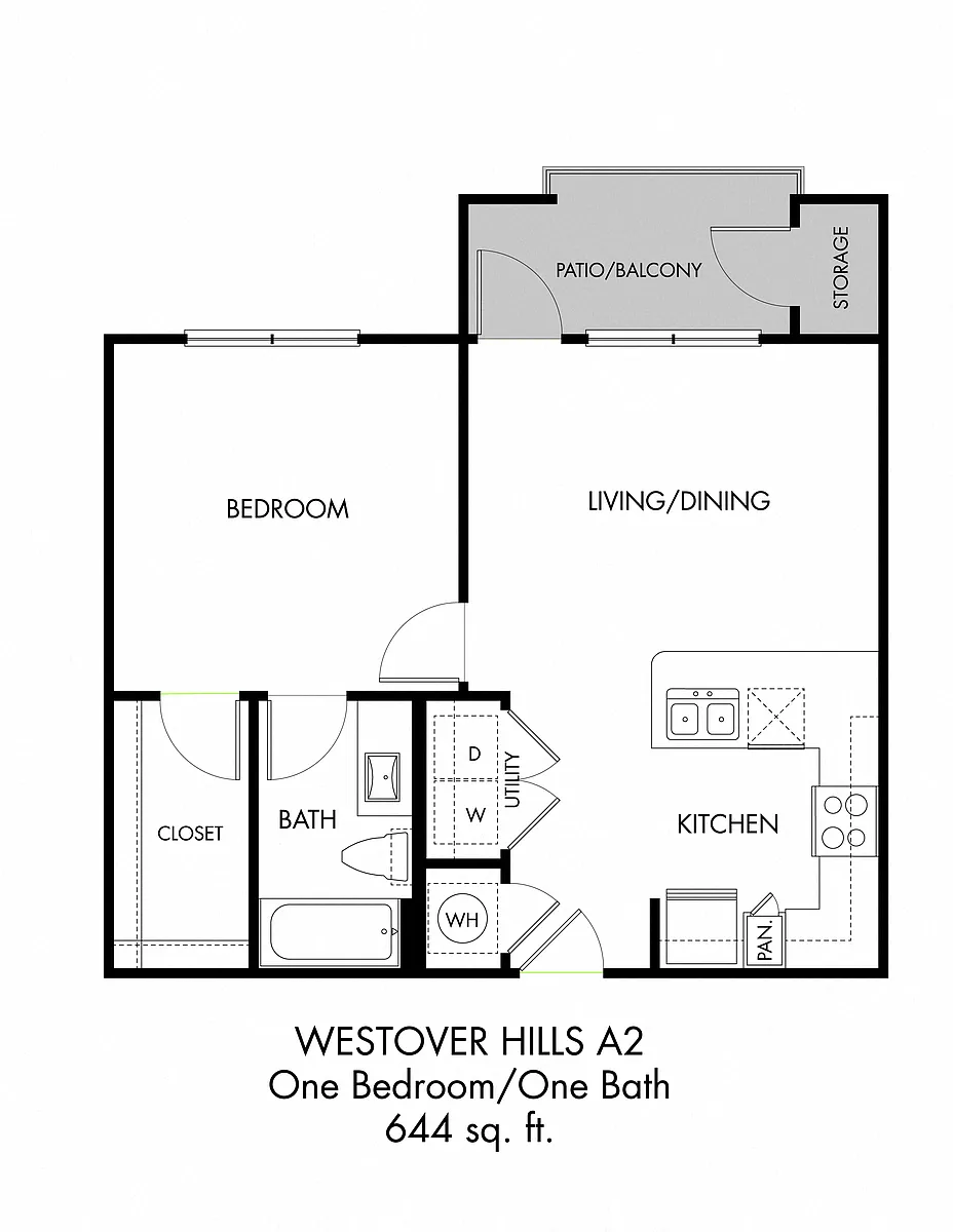 Floor plan 1BR 1BA (644 SF)