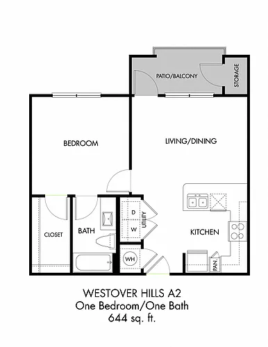 Floor plan 1BR 1BA (644 SF)
