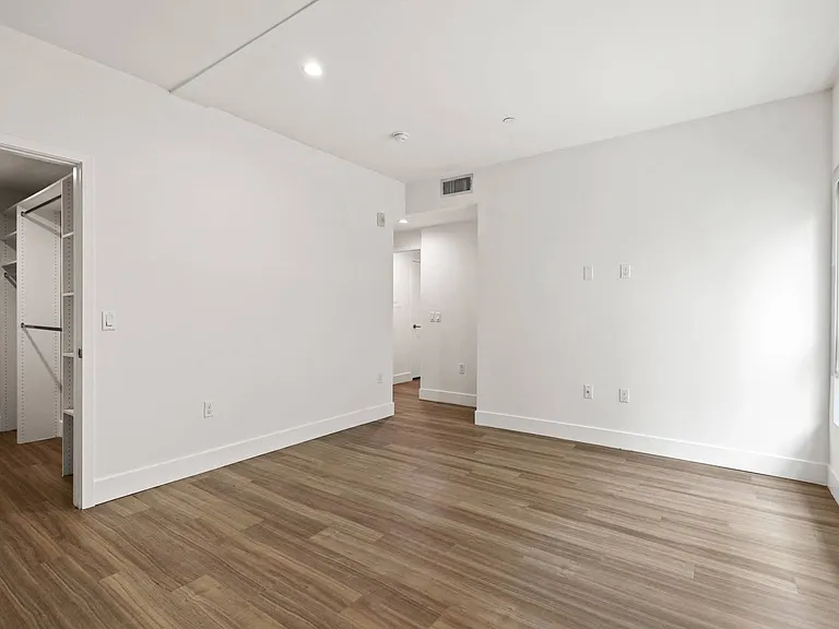 Bedroom with Walk-In Closet, Vinyl Flooring, Recessed Lighting, and Large Window