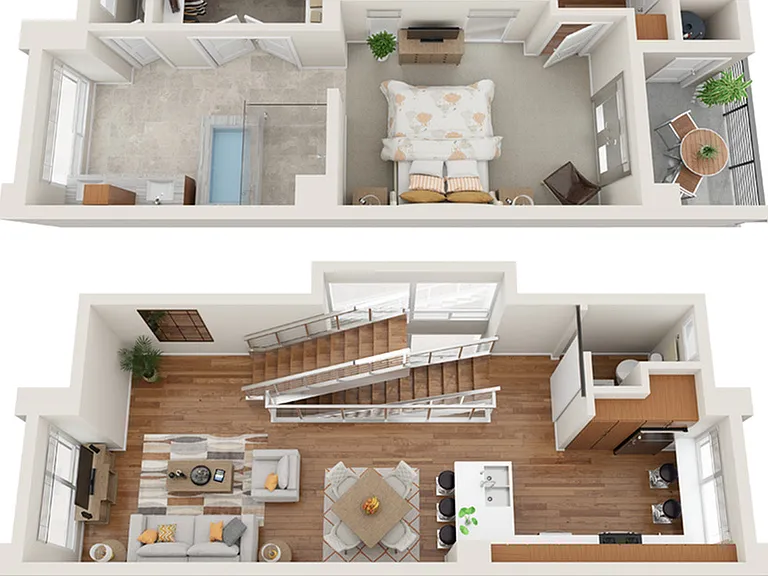 Chic two-level floor plan with a cozy bedroom, spacious living area, modern kitchen, and stylish bathroom, featuring elegant wooden flooring and natural lighting. Chic two-level floor plan with a cozy bedroom, spacious living area, modern kitchen, and sty